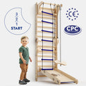 A young boy stands beside the Apollo Swedish Wall—Climbing Ladder for Little Astronauts with Moon Swing Set and Slide Board, a space-themed playset featuring bars, climbing rope, rope ladder, swing, plus certification logos and a 3, 2, 1 START graphic.