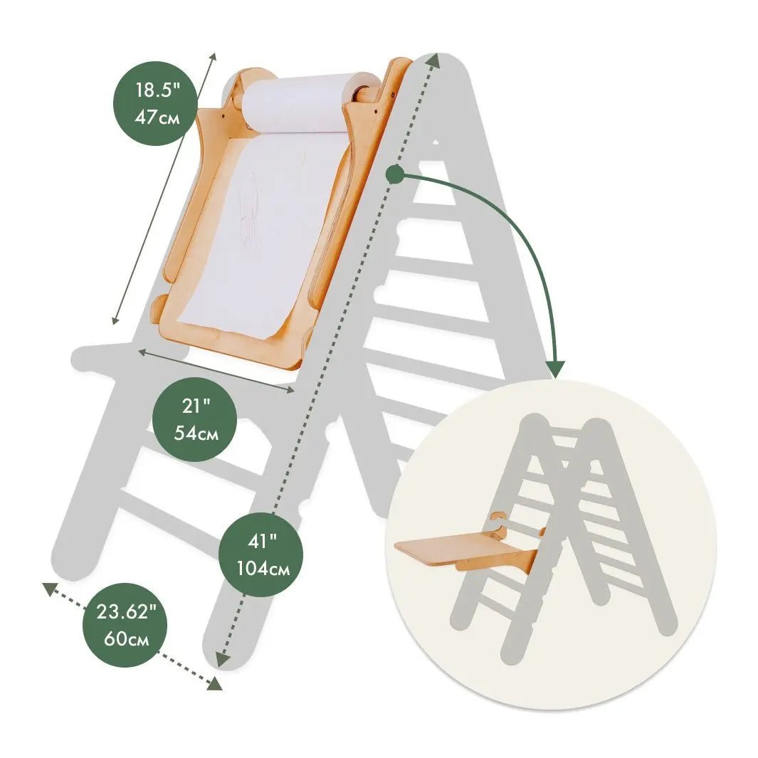 Art Addition to the Triangle Ladder—wooden kids easel with integrated paper roll holder, displayed on a step-ladder frame inspired by the Goodevas Triangle Ladder. Measurement labels indicate heights of 18.5″ (47cm), 21″ (54cm), 23.62″ (60cm), and 41″ (104cm). Inset highlights the adjustable art station tray feature.