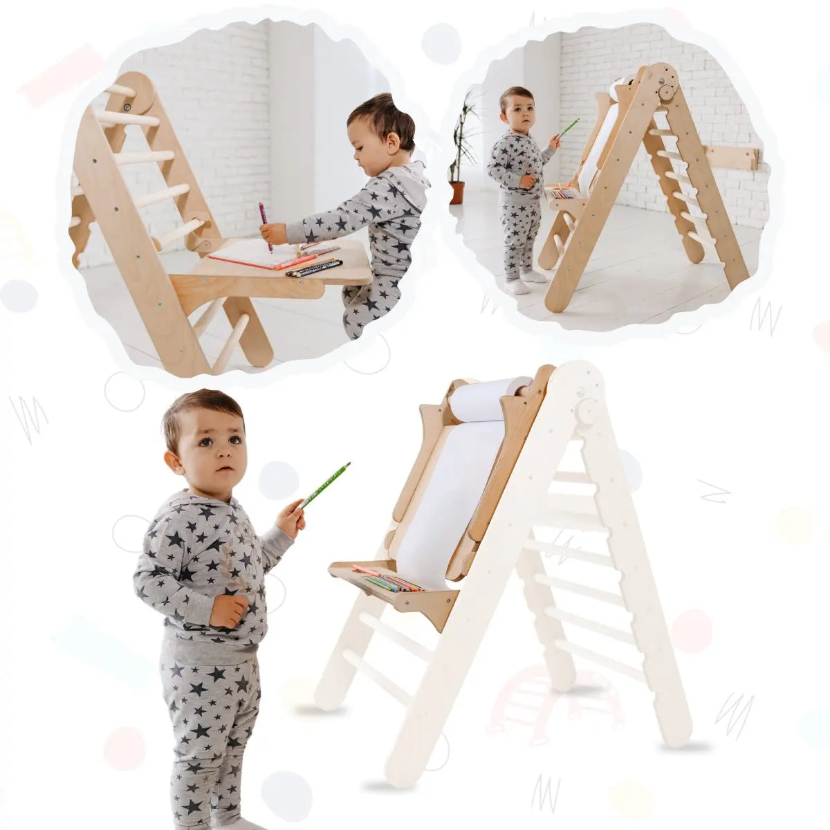 A toddler in star-patterned pajamas stands and draws at an Art Addition to the Triangle Ladder adjustable art station with a paper roll, shown from various angles in a sunlit room.