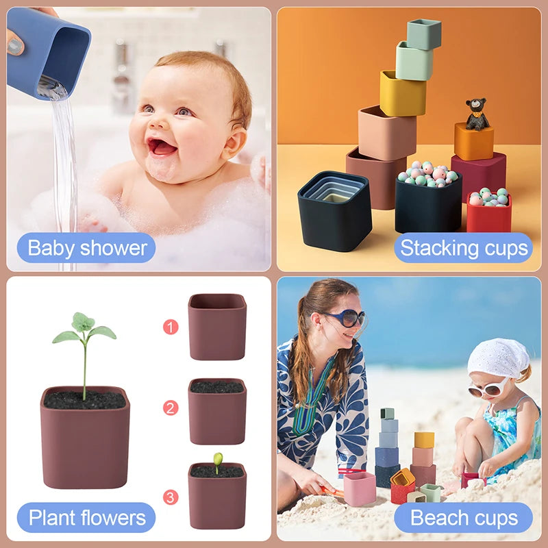 5Pcs/Set Baby Silicone Building Blocks Square Silicone Stacking Cups Bpa-Free Educational Montessori Toys Baby Bath Toys