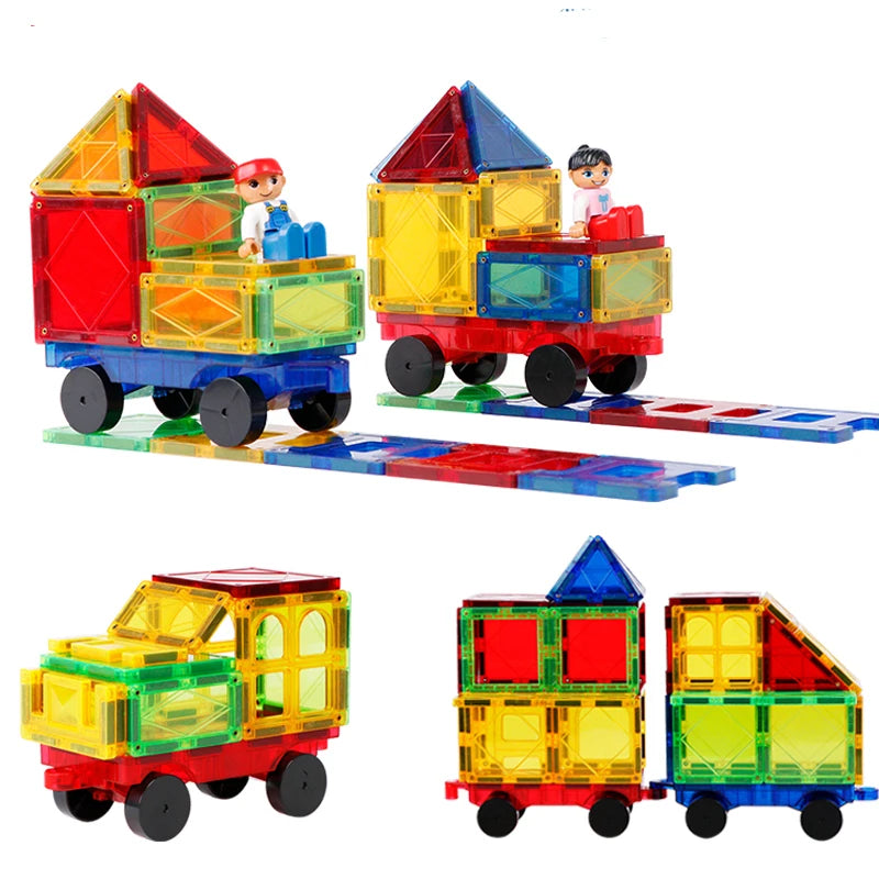 Magnetic Tiles Building Blocks with Cars 3D Clear Construction Set Educational Sensory Toy Magnet Toys for Kids Ages 3 4 5 6 7 8