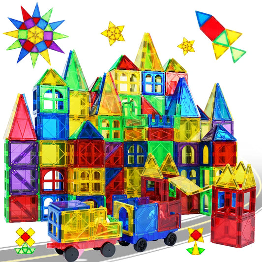 Magnetic Tiles Building Blocks with Cars 3D Clear Construction Set Educational Sensory Toy Magnet Toys for Kids Ages 3 4 5 6 7 8