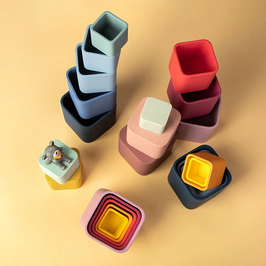 5Pcs/Set Baby Silicone Building Blocks Square Silicone Stacking Cups Bpa-Free Educational Montessori Toys Baby Bath Toys