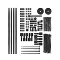 The Cable Management Kit includes black zip ties, Velcro straps, adhesive clips, cable sleeves, and hook-and-loop tape rolls—an ideal desk accessory for organizing cables, all shown neatly on a white background.
