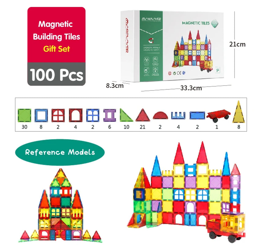 Magnetic Tiles Building Blocks with Cars 3D Clear Construction Set Educational Sensory Toy Magnet Toys for Kids Ages 3 4 5 6 7 8