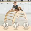 A young child sits on the Climbing Arch & Rocker Balance - Montessori Climbers for Kids 1-7 y.o. – Beige in a bright room. Icons and text below highlight: Develop Body Control, Boost Confidence, and Improve Focus & Attention through play.