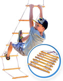 A boy wearing a Batman cap climbs a Climbing rope ladder for kids 3-9 y.o., ideal for muscle strengthening and child development. An inset displays the ladder neatly coiled, showing its sturdy ropes and wooden rungs.