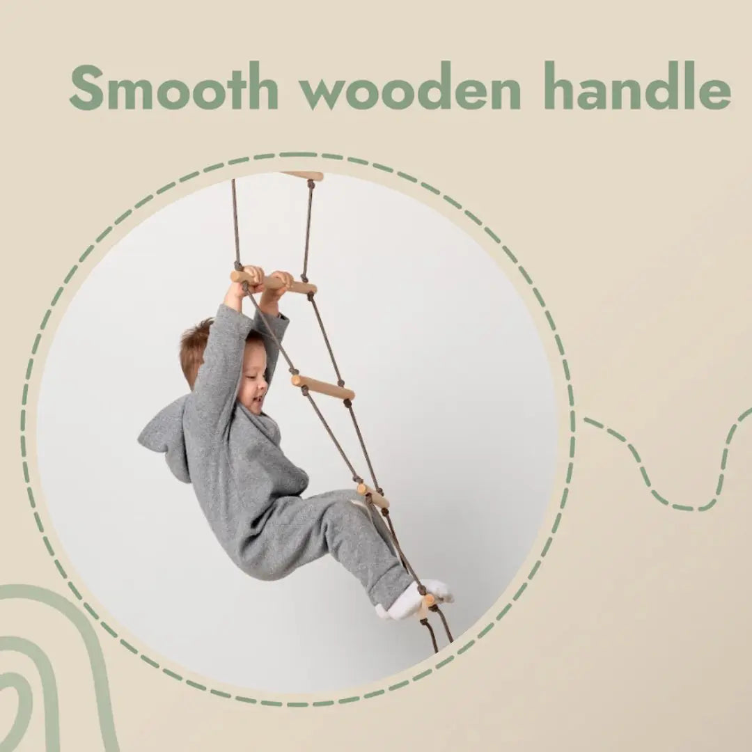A young child in a grey outfit climbs the Climbing rope ladder for kids 3-9 y.o., featuring wooden handles that support muscle strengthening and child development. The text above reads Smooth wooden handle on a beige background with decorative lines.