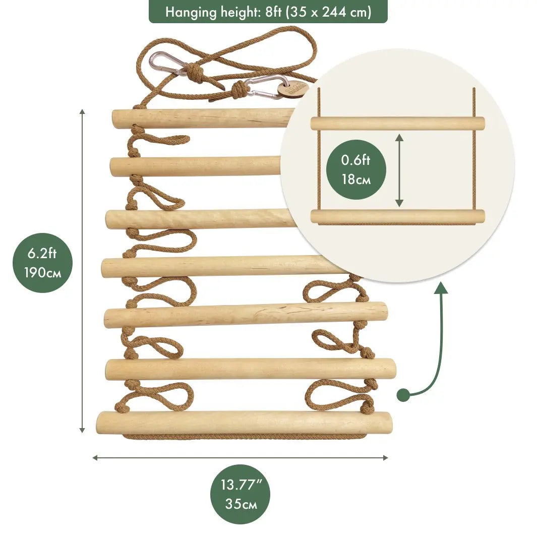 Climbing Rope Ladder for kids ages 3-9 features seven sturdy wooden rungs, measuring 6.2 feet tall and 13.77 inches wide—ideal for encouraging muscle development and overall child growth. A close-up shows the convenient 0.6-foot spacing between rungs, making climbing easy and safe, while the ladder’s hanging height of 8 feet and securely knotted ropes at each rung add extra support and stability.