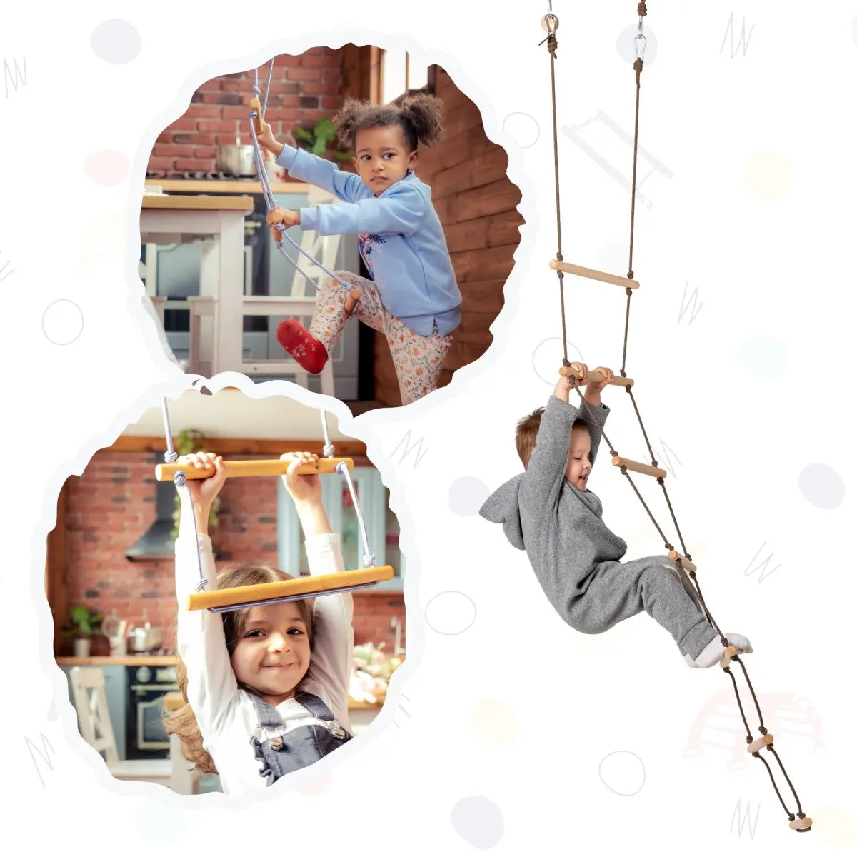 Two young children play on indoor climbing equipment, using wooden ladders and ropes that support healthy muscle development. One child climbs in a gray outfit, while another hangs from the Climbing rope ladder for kids 3-9 y.o. in patterned clothes. A third child smiles, holding onto the ladder as they all enjoy activities that encourage child development.