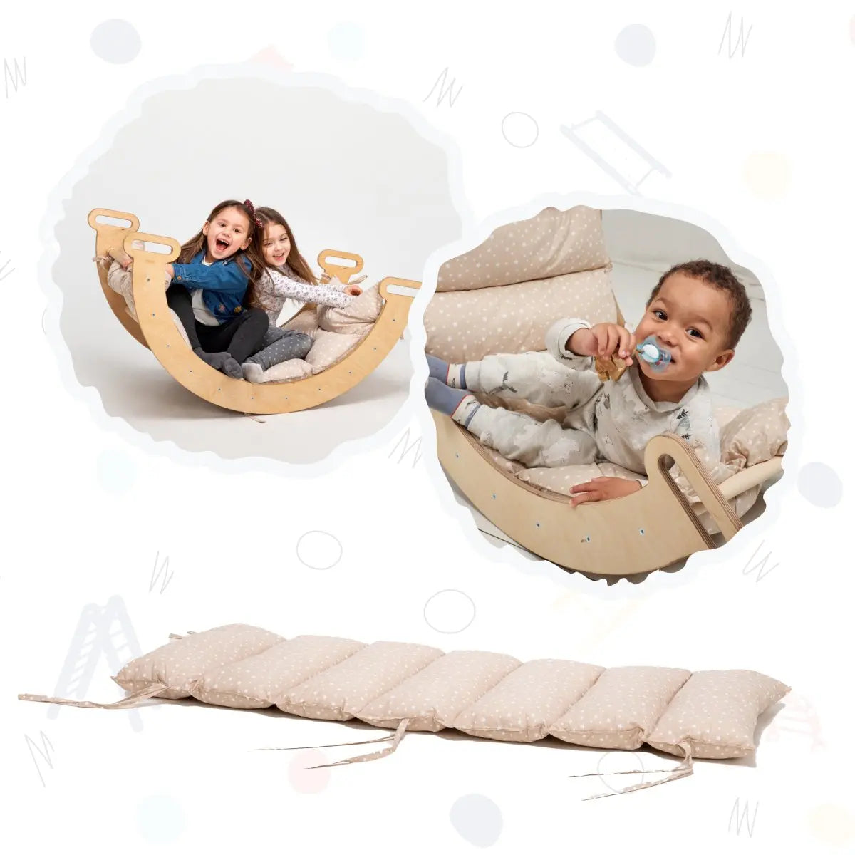 Two children play on a wooden balance rocker. In another image, a baby sits inside the rocker holding a spoon. Below, the Cushion for Climbing Arch & Rocker Balance (Cushion Only) in beige is displayed on a white background with subtle patterns.