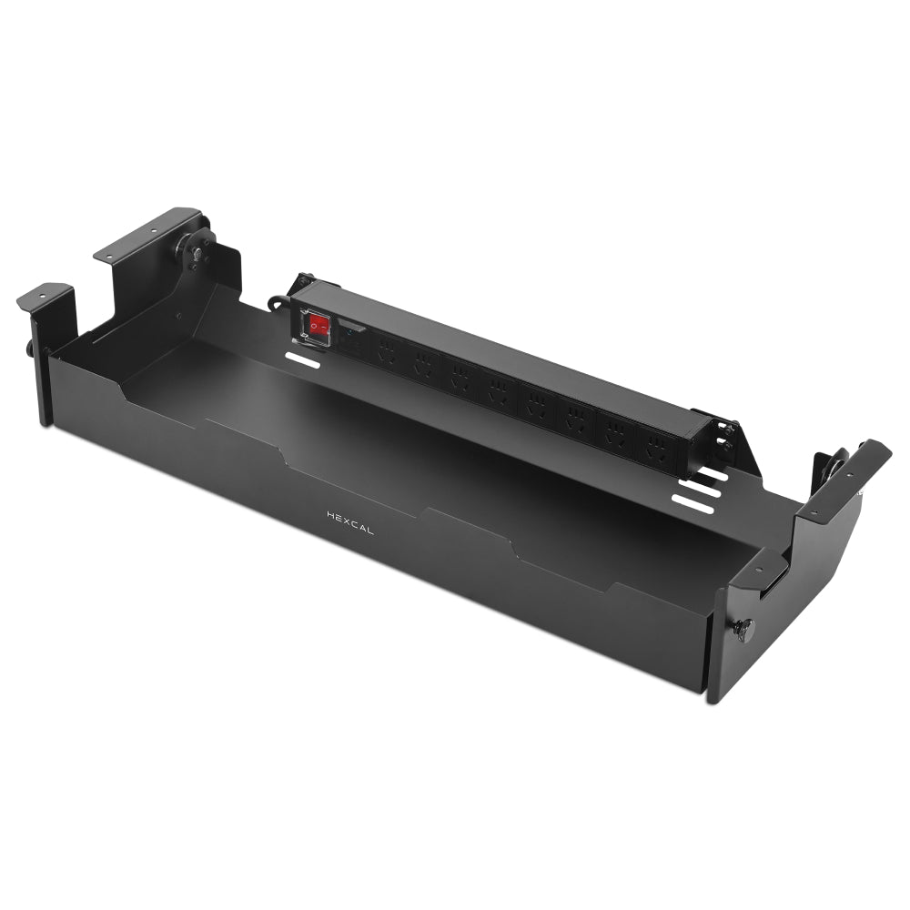 The Under Desk Cable Management Tray features black metal construction, built-in power strip with on/off switch and multiple outlets—ideal for organizing your workspace and powering all your office devices.