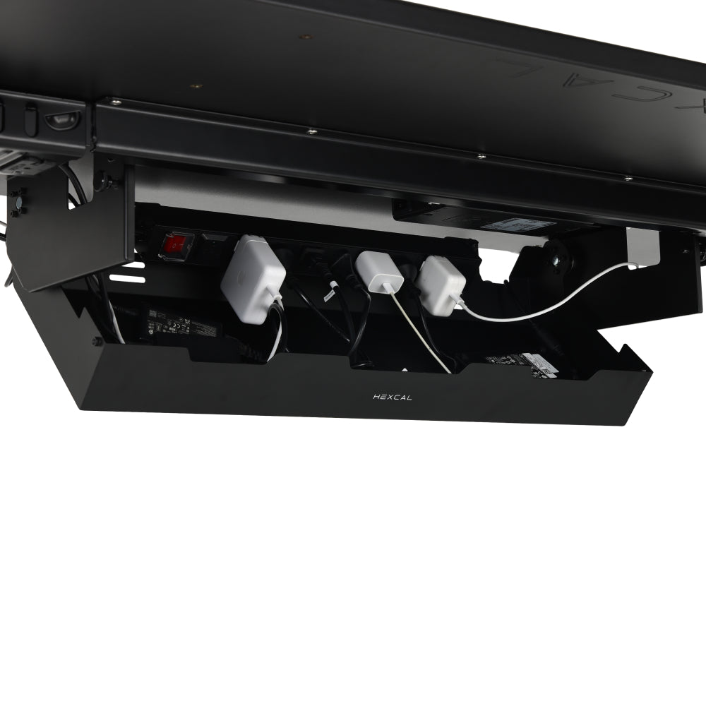 A close-up of the Under Desk Cable Management Tray neatly organizing cables and power adapters, with three electronic devices plugged in and charging for an efficient workspace.