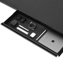 An Under Desk Drawer in black is open, neatly organizing a tablet, stylus, charging cable, AirPods, power adapter, batteries, and pens in separate compartments for efficient under desk storage.