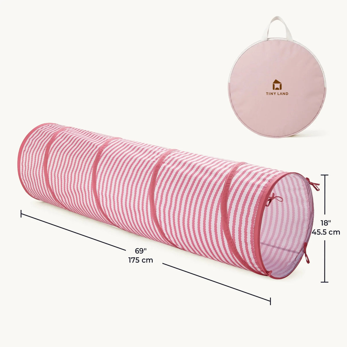 Pink and white striped collapsible Adventure Crawl Tunnel (68″) with dimensions, shown with its matching round storage bag.