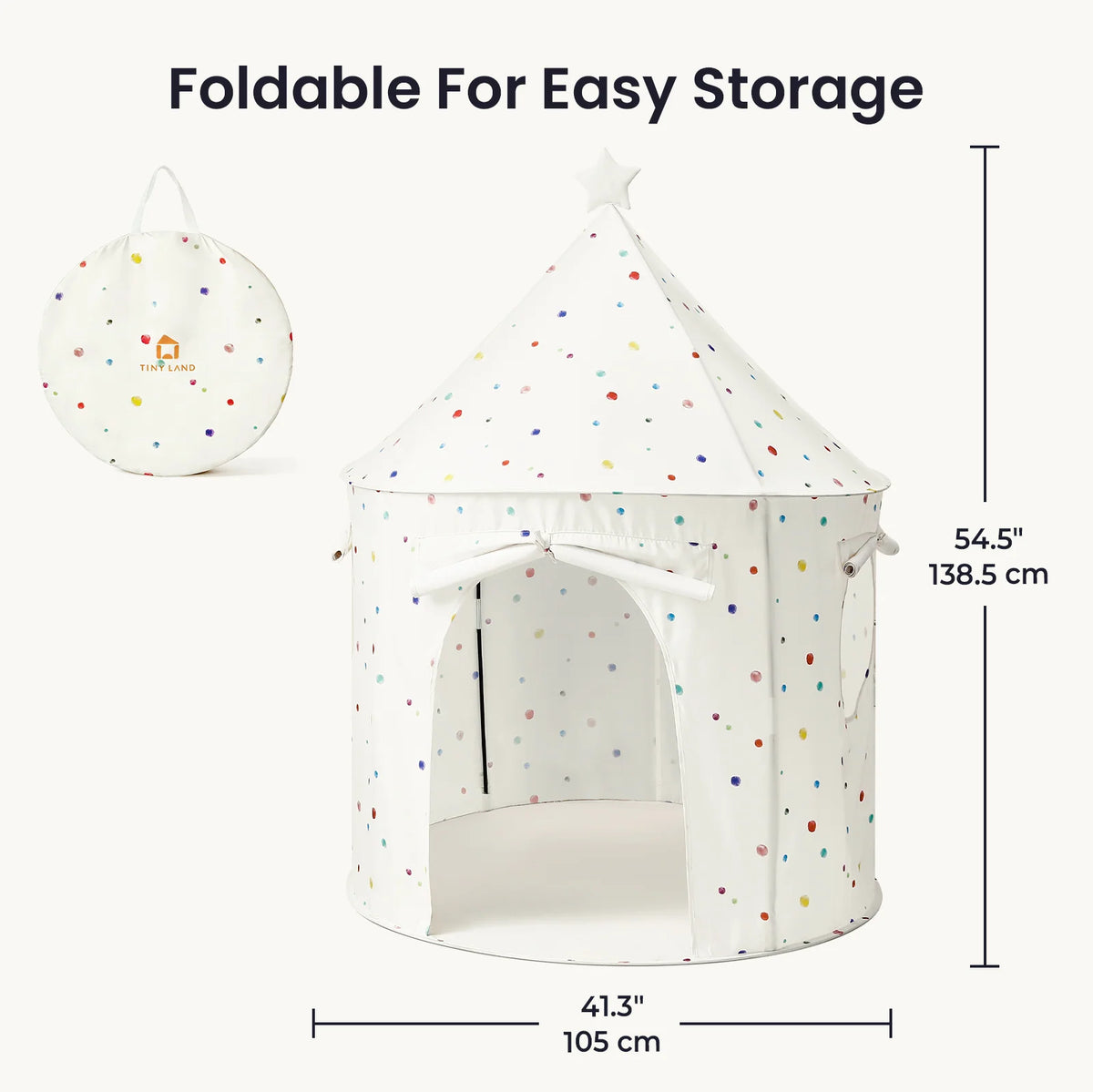 Starry Indoor Play Tent for Toddlers, a conical tent with colorful polka dots, shown assembled and folded in a carrying bag, with height and width dimensions labeled for this kids clubhouse.