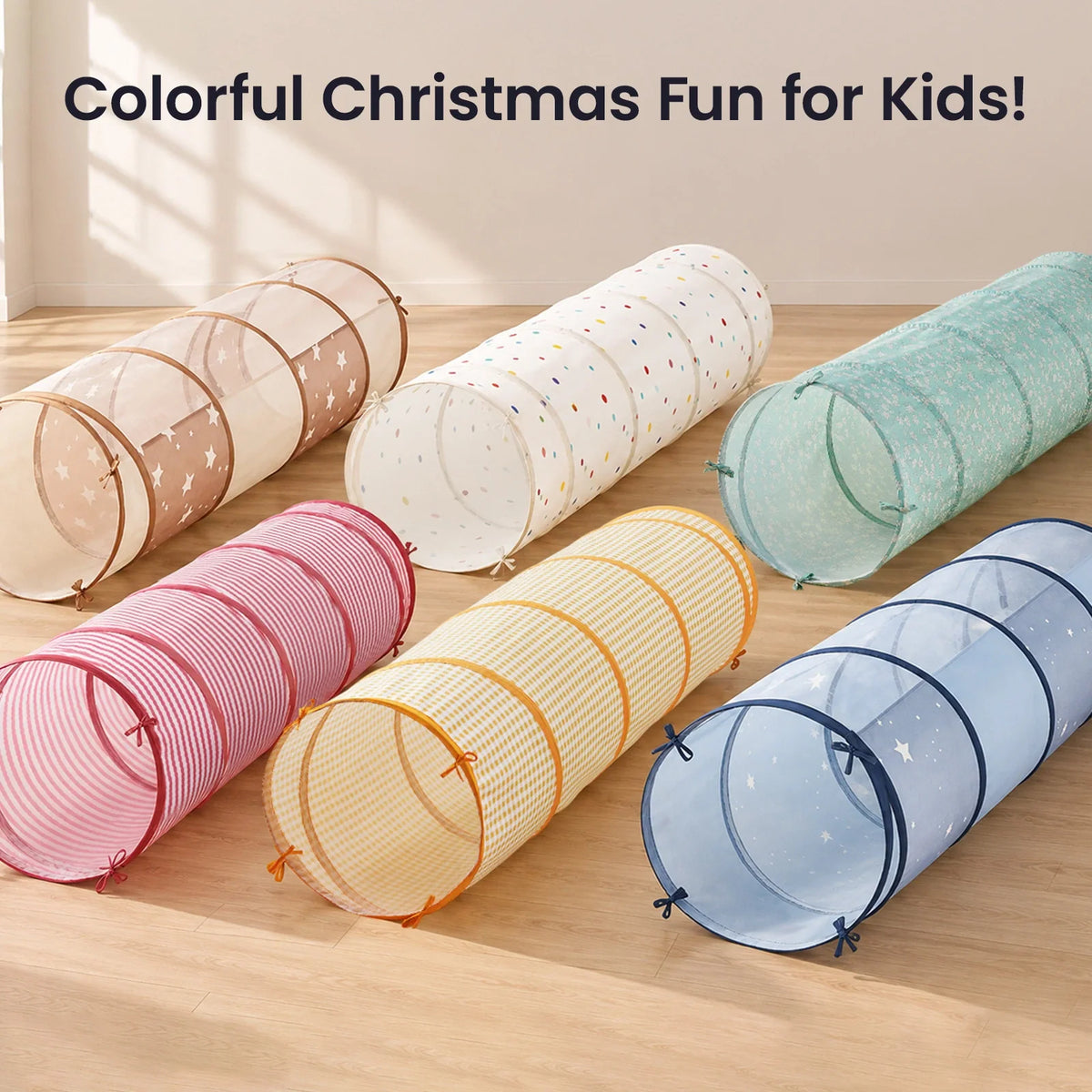 Six colorful Adventure Crawl Tunnel (68″) play tunnels in various patterns arranged on a wooden floor, with the text Colorful Christmas Fun for Kids! above them.