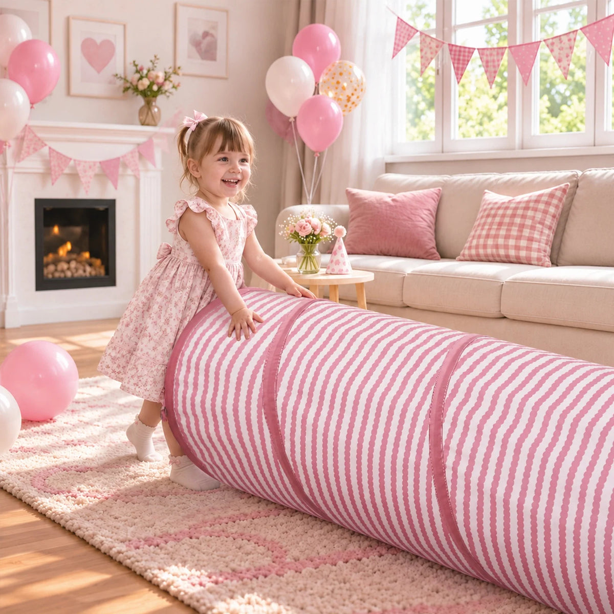 A smiling toddler plays with a 68″ Adventure Crawl Tunnel, a long, pink-and-white striped kids tunnel, in a decorated living room.