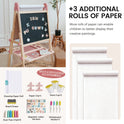 Magnitales Double-Sided Art Easel with Paper Roll featuring a magnetic whiteboard, chalkboard with magnetic letters, a paper roll, and a tray of accessories like paint cups, chalk, markers, and paper clips.