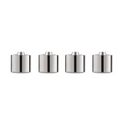 Four identical, cylindrical stainless steel weights from the Hexcal Studio Extension Kit are lined up against a white background—ideal for fine-tuning your ergonomic desk setup or ensuring precise monitor positioning.