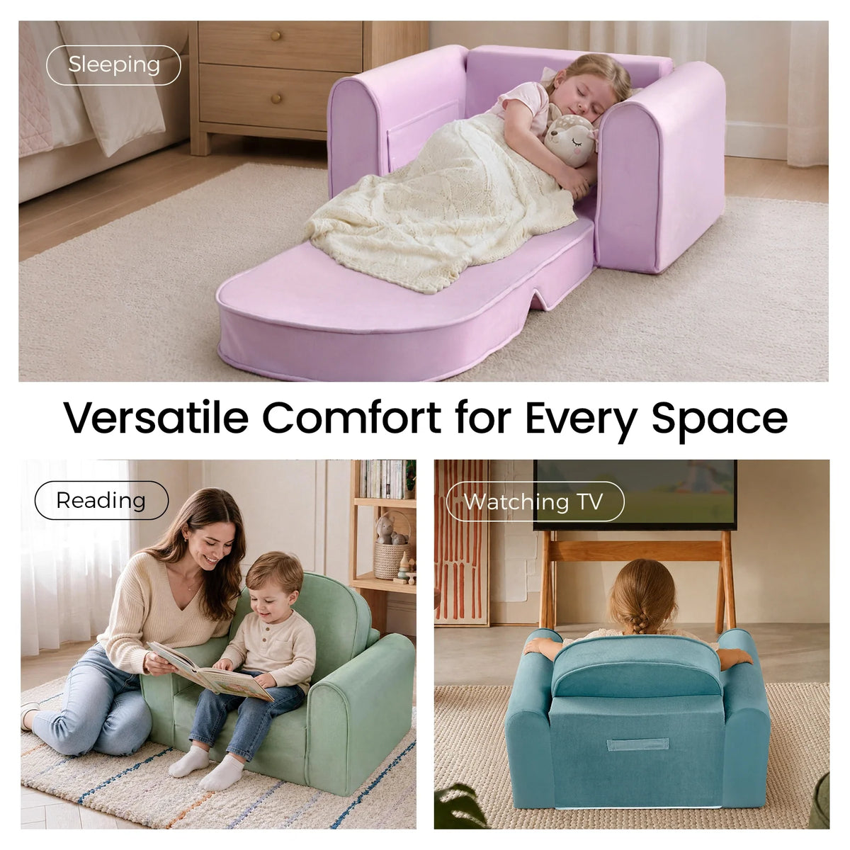 A composite image of a GentleSnug Flip-Open Kids Sofa & Nap Mat showing a child sleeping on a pink version, a parent reading to a child on a green one, and a child sitting in a teal sofa watching television.