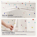 Two close-up images of a Starry Indoor Play Tent for Toddlers, showing roll-up curtains tied at the top and a hand fastening the velcro door closure.