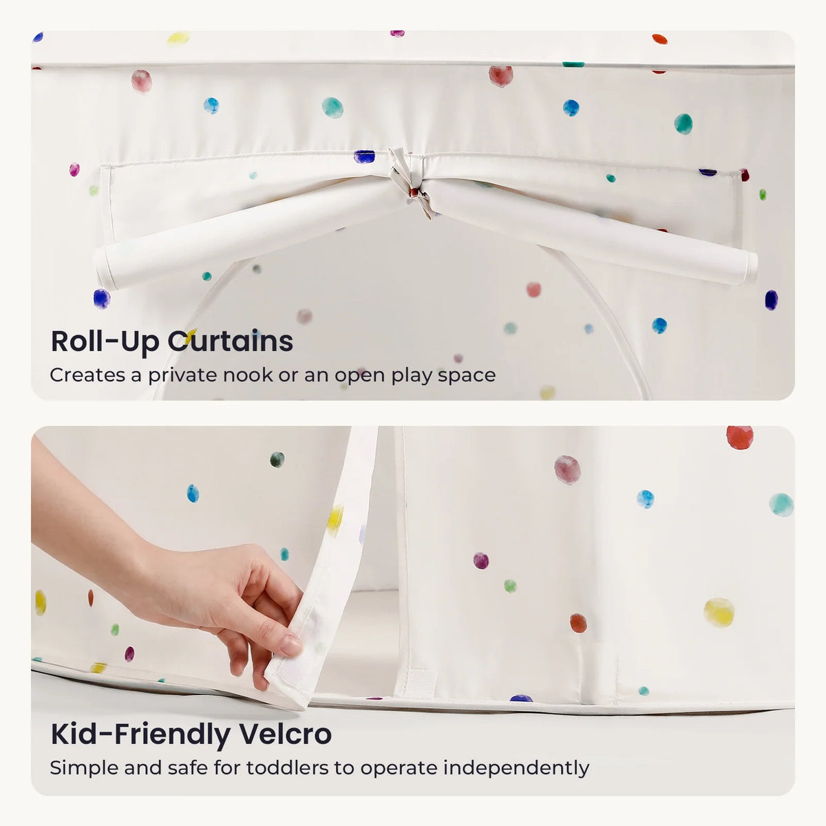 Two close-up images of a Starry Indoor Play Tent for Toddlers, showing roll-up curtains tied at the top and a hand fastening the velcro door closure.