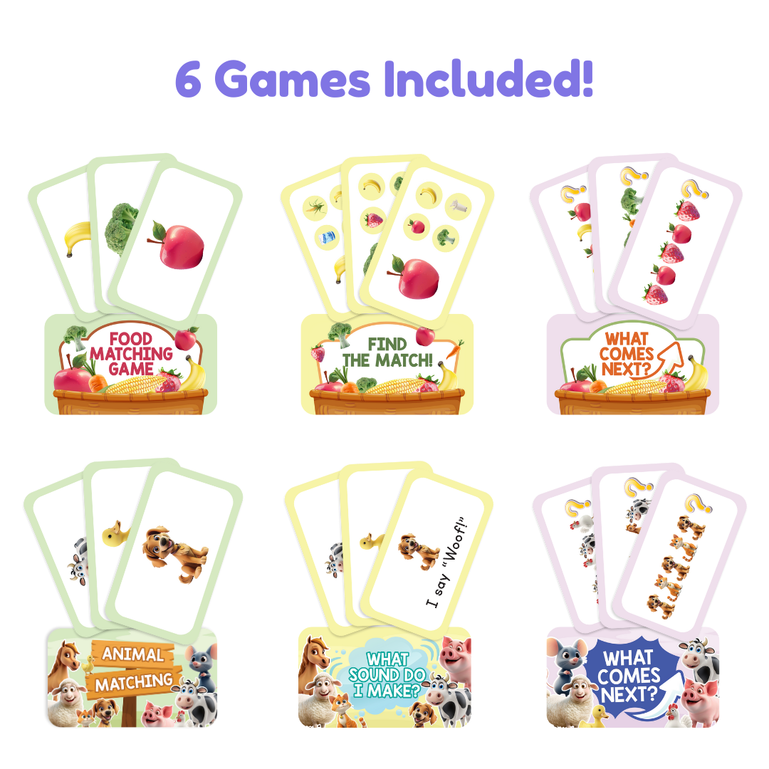 Six sets of Popplers Farm & Food Toddler Fidget Game cards arranged in two rows, each featuring a toddler learning game that focuses on matching farm animals, food, and identifying sequences.