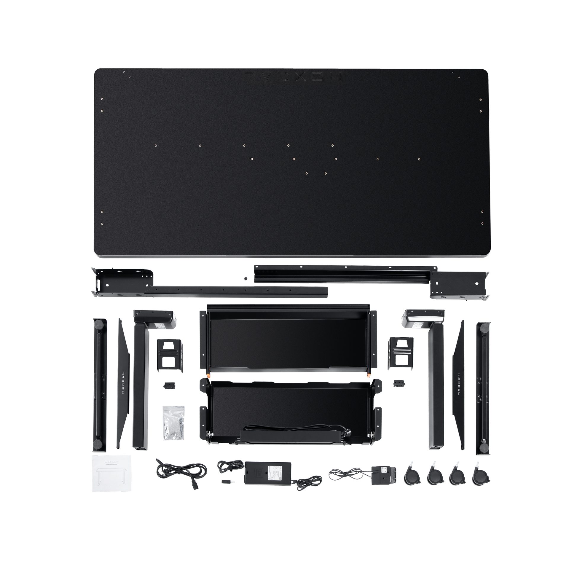 The Hexcal Elevate Standing Desk kit is displayed on a white background, featuring a large tabletop, metal frame parts, control box, cables, power adapters, mounting hardware, and screws.
