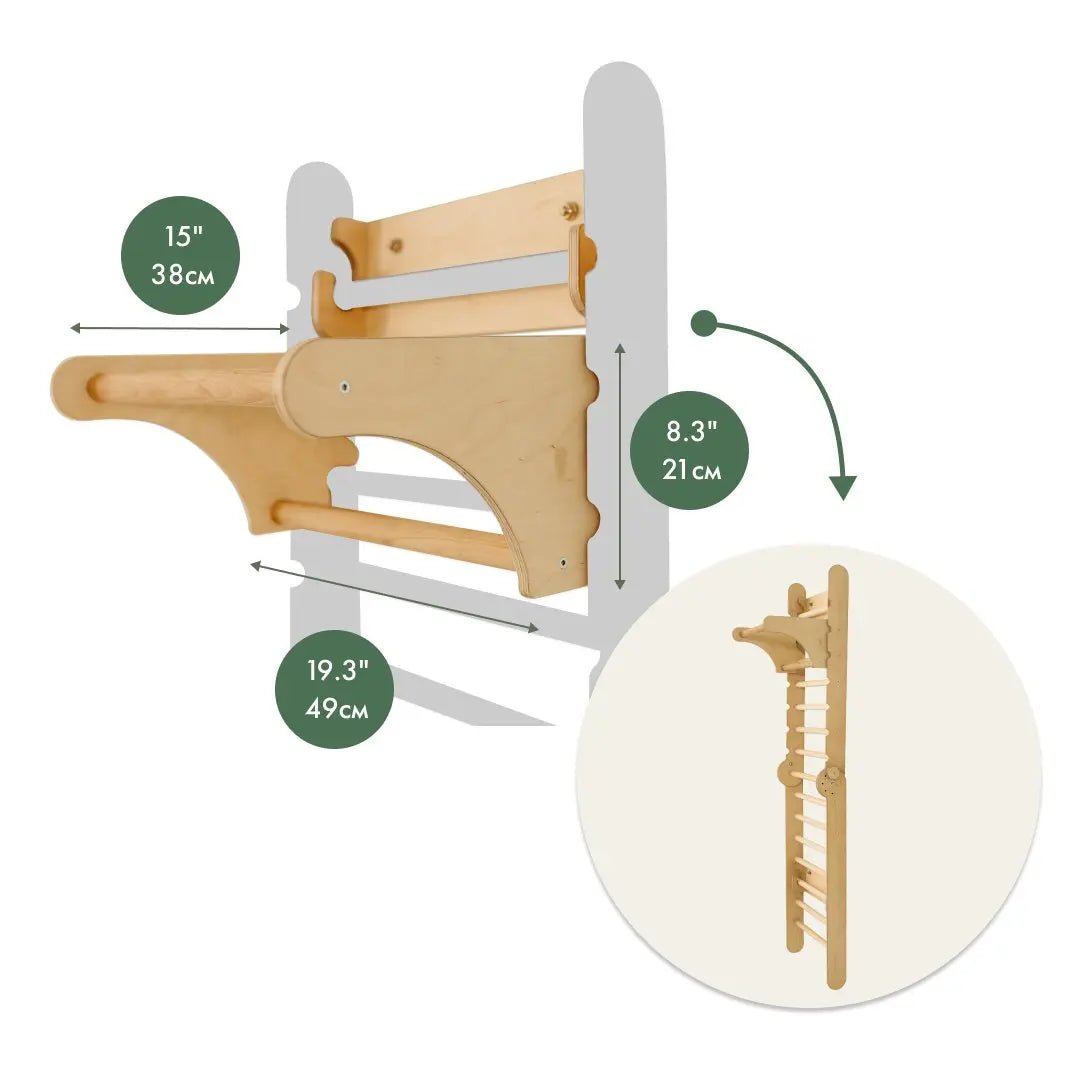 Gym Addition to the Climbing Ladders: This wooden, wall-mounted foldable desk measures 15″ (38cm) wide, 19.3″ (49cm) deep, and 8.3″ (21cm) tall. Perfect as an add-on to a Swedish ladder for versatile indoor entertainment spaces, it features an inset image demonstrating how it folds flat against the wall.
