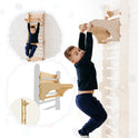 A young boy in a navy outfit climbs and hangs from a wooden indoor wall ladder, enjoying the Gym Addition to the Climbing Ladders for fun indoor entertainment; inset images highlight close-ups of the design, the triangle ladder structure, and unique Swedish ladder add-on features.