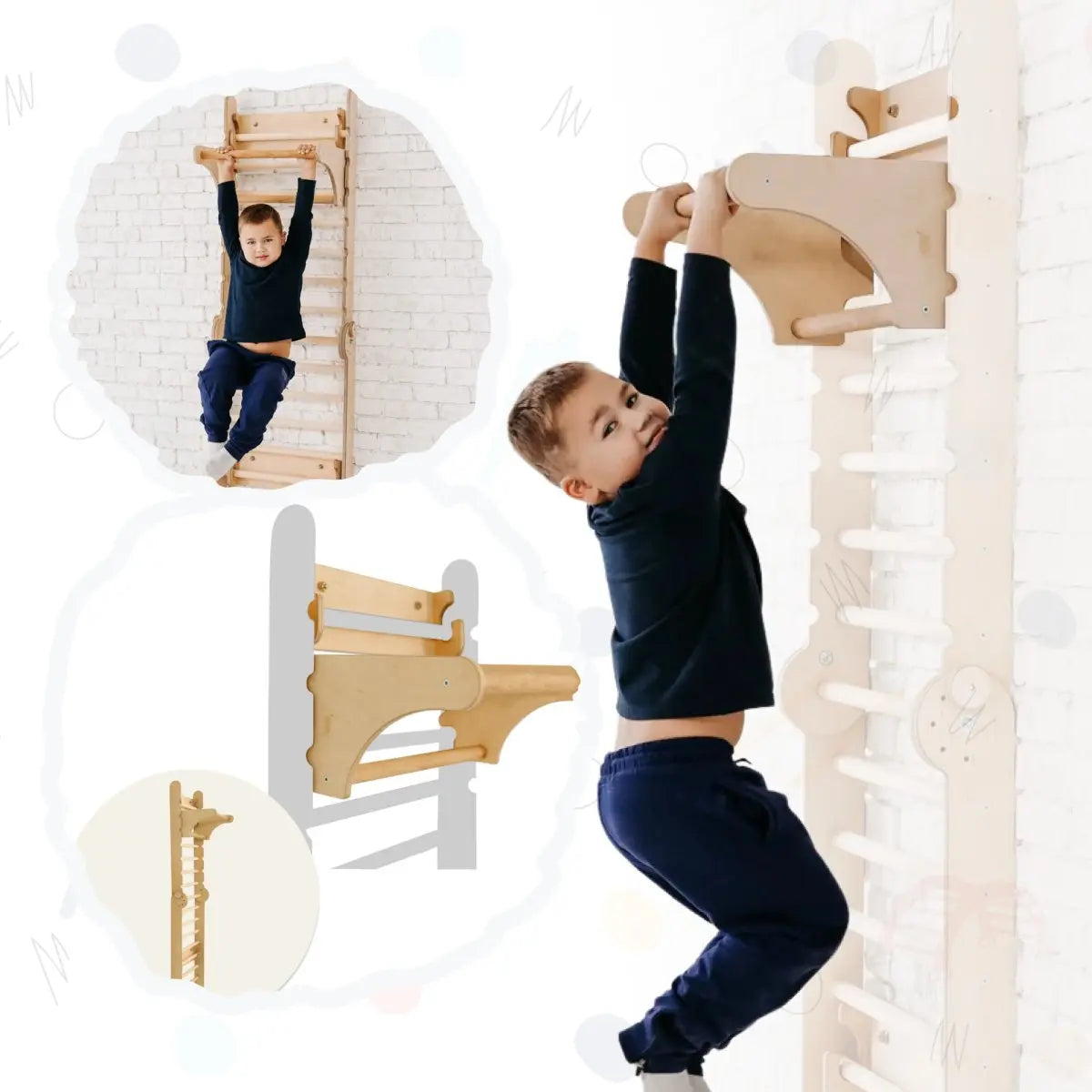 A young boy in a navy outfit climbs and hangs from a wooden indoor wall ladder, enjoying the Gym Addition to the Climbing Ladders for fun indoor entertainment; inset images highlight close-ups of the design, the triangle ladder structure, and unique Swedish ladder add-on features.