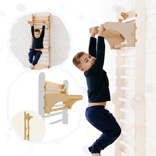 A young boy in a navy outfit climbs and hangs from a wooden indoor wall ladder, enjoying the Gym Addition to the Climbing Ladders for fun indoor entertainment; inset images highlight close-ups of the design, the triangle ladder structure, and unique Swedish ladder add-on features.
