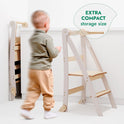 A small child stands near the Helper Tower: A Multi-functional Foldable Step Stool for Kids, displayed in both its open position and its compact, folded form. A bubble highlights its EXTRA COMPACT storage size.