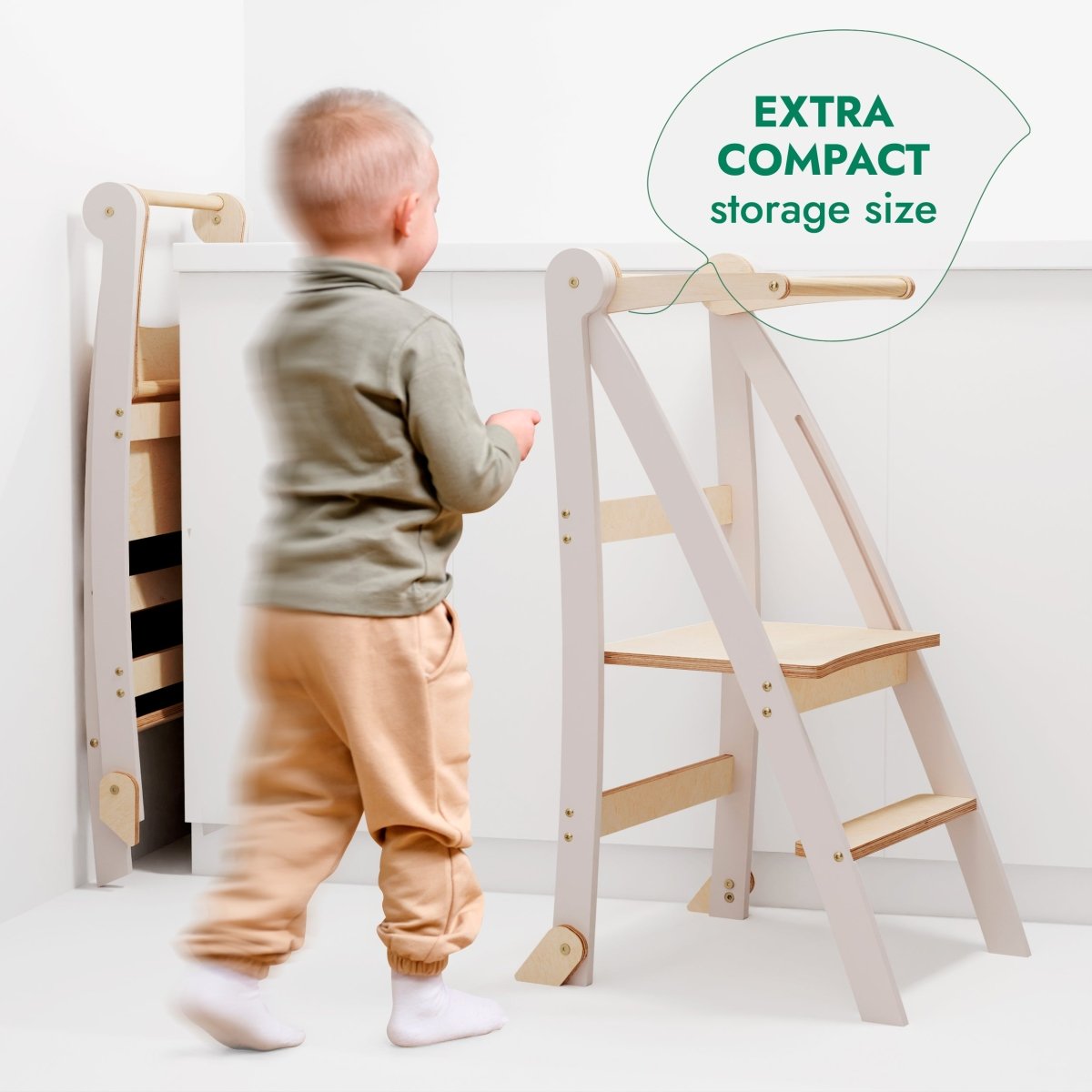 A small child stands near the Helper Tower: A Multi-functional Foldable Step Stool for Kids, displayed in both its open position and its compact, folded form. A bubble highlights its EXTRA COMPACT storage size.