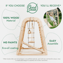 The Good Jevas Indoor Playground for Children - 7in1 Playground + Swings Set + Slide Board + Art Set is shown. Made from 100% wood with eco-oil coating, no paints, and easy assembly. Inset: child uses the playset outdoors. Logo shown at top.