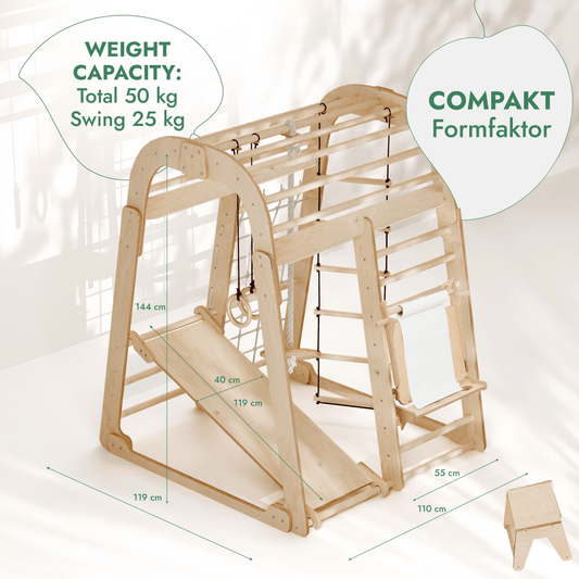 The Indoor Playground for Children is a 7in1 set featuring a playground, swing, slide board, and art set. Sized 119x119x119 cm; slide: 144x40 cm; stool: 55x35 cm. Max weight: 50 kg (swing: 25 kg). Perfect for active indoor fun!.