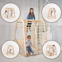 Two children play on the Indoor Wooden Playground for Children - 6in1 Playground + Swings Set + Slide Board, enjoying their versatile indoor playset. Insets highlight different climbing poses and angles. The room features light decor with a charming bunny figure and soft, neutral tones—making it the perfect setting for this delightful kids’ playground.