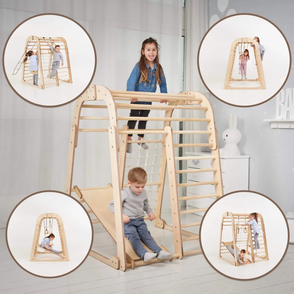 Two children play on the Indoor Wooden Playground for Children - 6in1 Playground + Swings Set + Slide Board, enjoying their versatile indoor playset. Insets highlight different climbing poses and angles. The room features light decor with a charming bunny figure and soft, neutral tones—making it the perfect setting for this delightful kids’ playground.