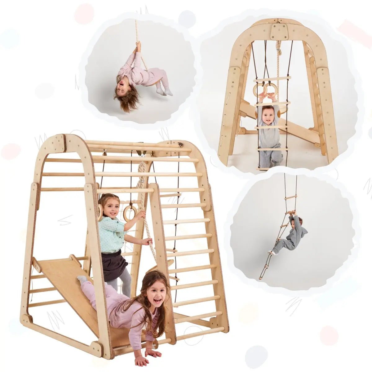 Children enjoy the Indoor Wooden Playground for Children - 6in1 Playground + Swings Set + Slide Board, featuring rings, a ramp, rope, and more. Smaller images display kids swinging, climbing, and hanging on this Montessori-inspired wooden indoor playset. The light background includes subtle patterns.