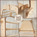 Collage of three photos featuring the Indoor Wooden Playground for Children – 6in1 Playground + Swings Set + Slide Board, with close-up shots highlighting sturdy joints and quality construction. Center text reads, SAFE AND STURDY. This versatile Montessori playground is ideal for any kids’ indoor play area, providing safety and durability for endless hours of active fun.