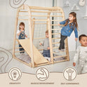 Four young children play on the Indoor Wooden Playground for Children – a 6-in-1 playground set that includes swings and a slide board – in a bright room. This versatile Montessori climbing structure fosters creativity, muscle development, and self-confidence, making it the perfect addition to any kids’ play area.