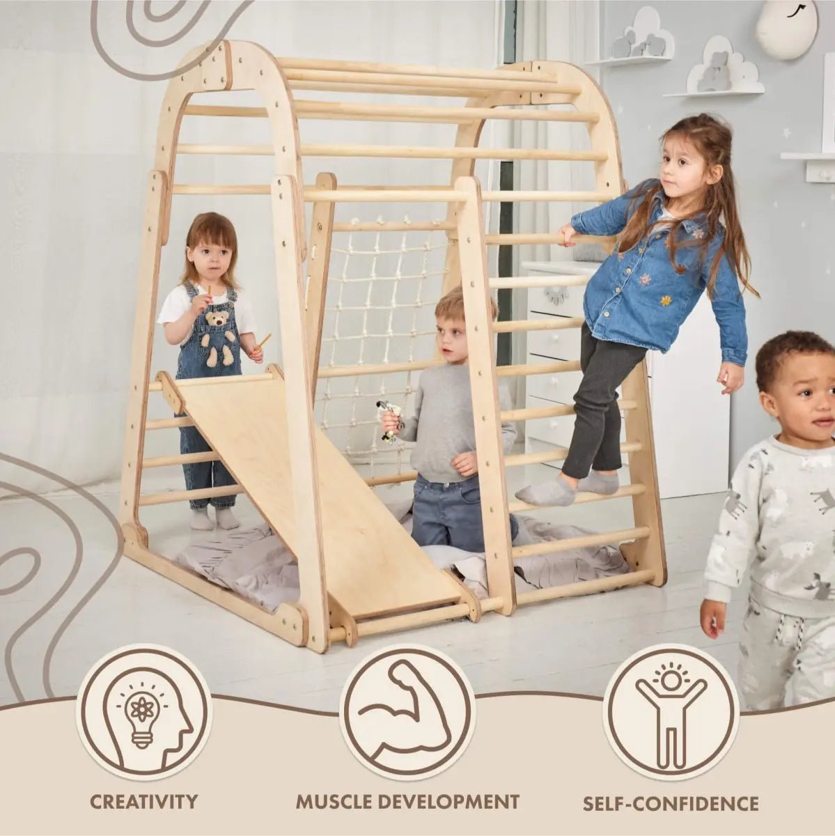 Four young children play on the Indoor Wooden Playground for Children – a 6-in-1 playground set that includes swings and a slide board – in a bright room. This versatile Montessori climbing structure fosters creativity, muscle development, and self-confidence, making it the perfect addition to any kids’ play area.
