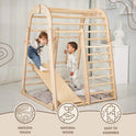 Two young children play on the Indoor Wooden Playground for Children - 6in1 Playground + Swings Set + Slide Board. This indoor wooden playset includes a slide board, ramp, climbing net, and ladder. Text icons highlight that this Kids Playground is smooth to the touch, crafted from natural wood, and easy to assemble.