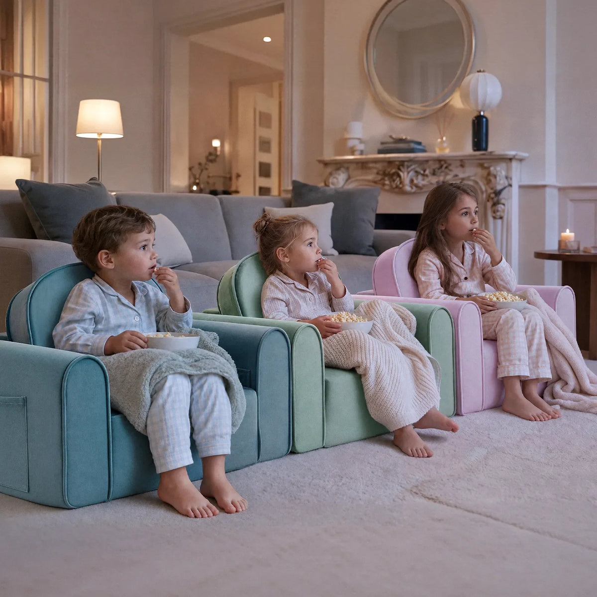 Three children sit in a row on GentleSnug Flip-Open Kids Sofa & Nap Mat flip-open sofas, eating popcorn from bowls.