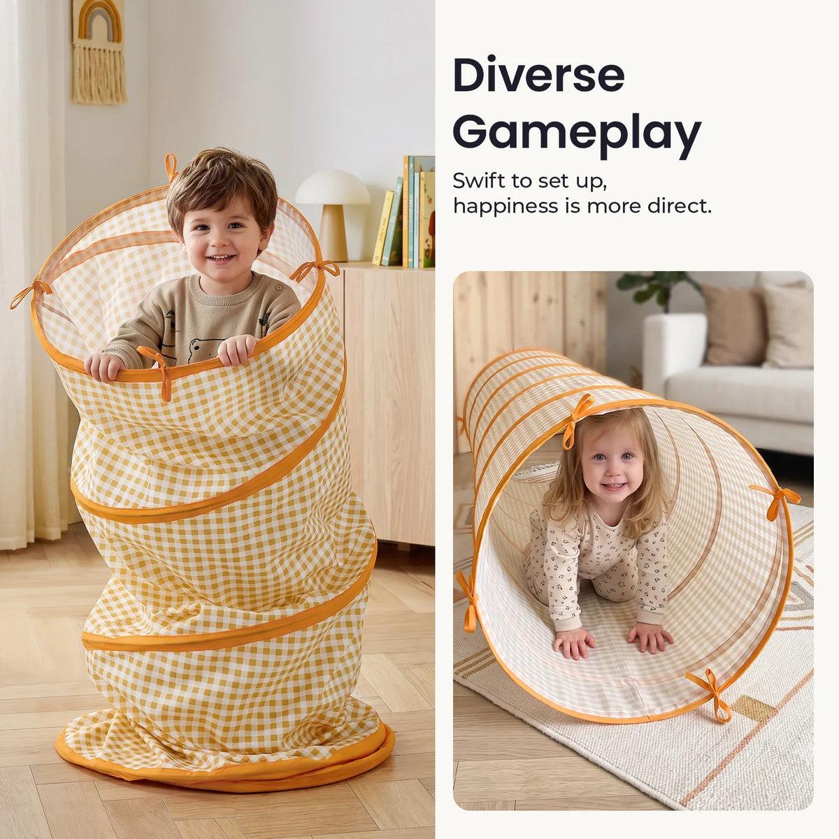 A child stands inside a vertical yellow-checkered Adventure Crawl Tunnel (68″), while another child crawls through the same tunnel positioned horizontally on the floor.