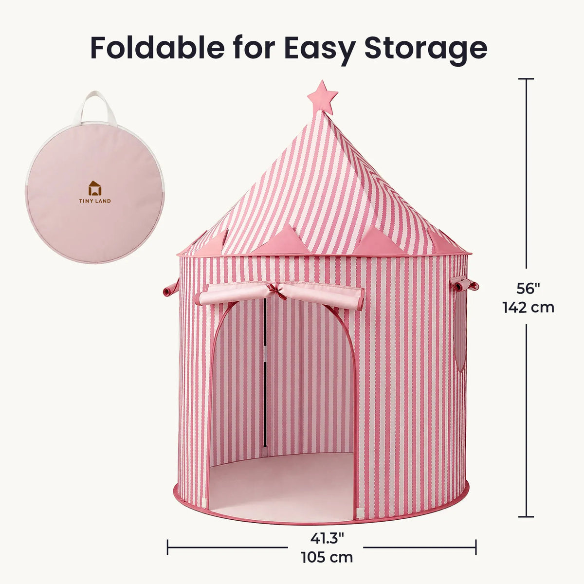 Starry Indoor Play Tent for Toddlers: a pink and white striped playhouse with a star on top, shown with a circular storage bag and dimension diagrams of 56 inches high and 41.3 inches wide.