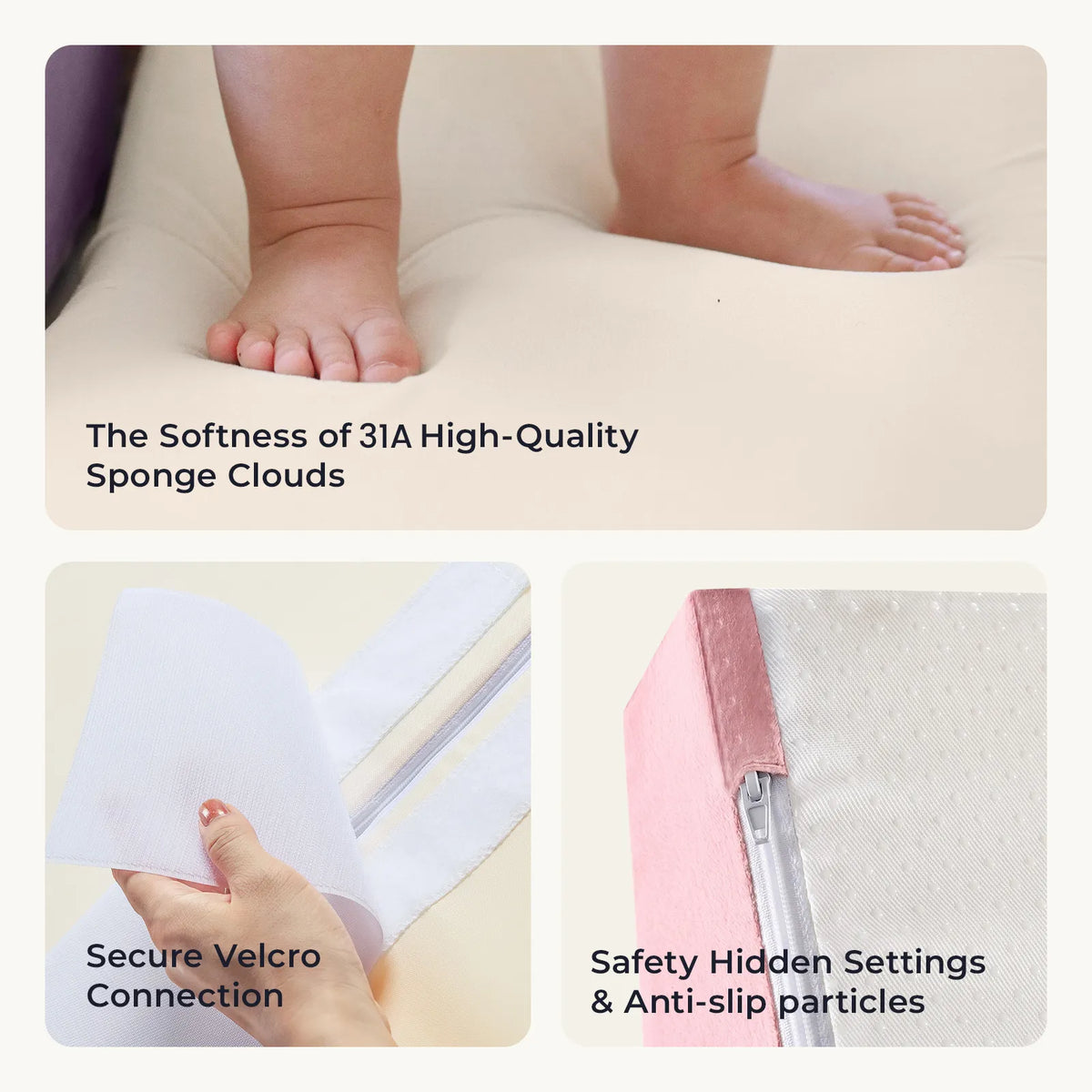 A collage showing a child’s bare feet on a PlayNest Soft Foam Climbing Blocks – Violet furniture block, a hand peeling back a Velcro strip, and a close-up of a zippered seam.