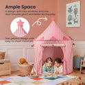 Two children read a book inside a pink and white striped Starry Indoor Play Tent for Toddlers, with an inset circle detail showing the star topper.