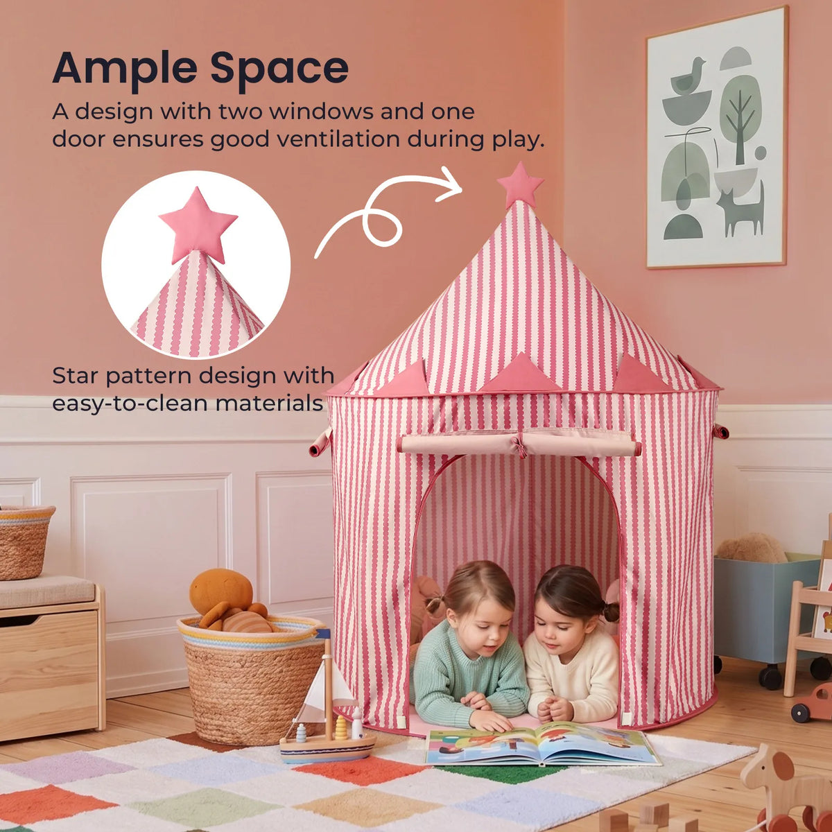 Two children read a book inside a pink and white striped Starry Indoor Play Tent for Toddlers, with an inset circle detail showing the star topper.
